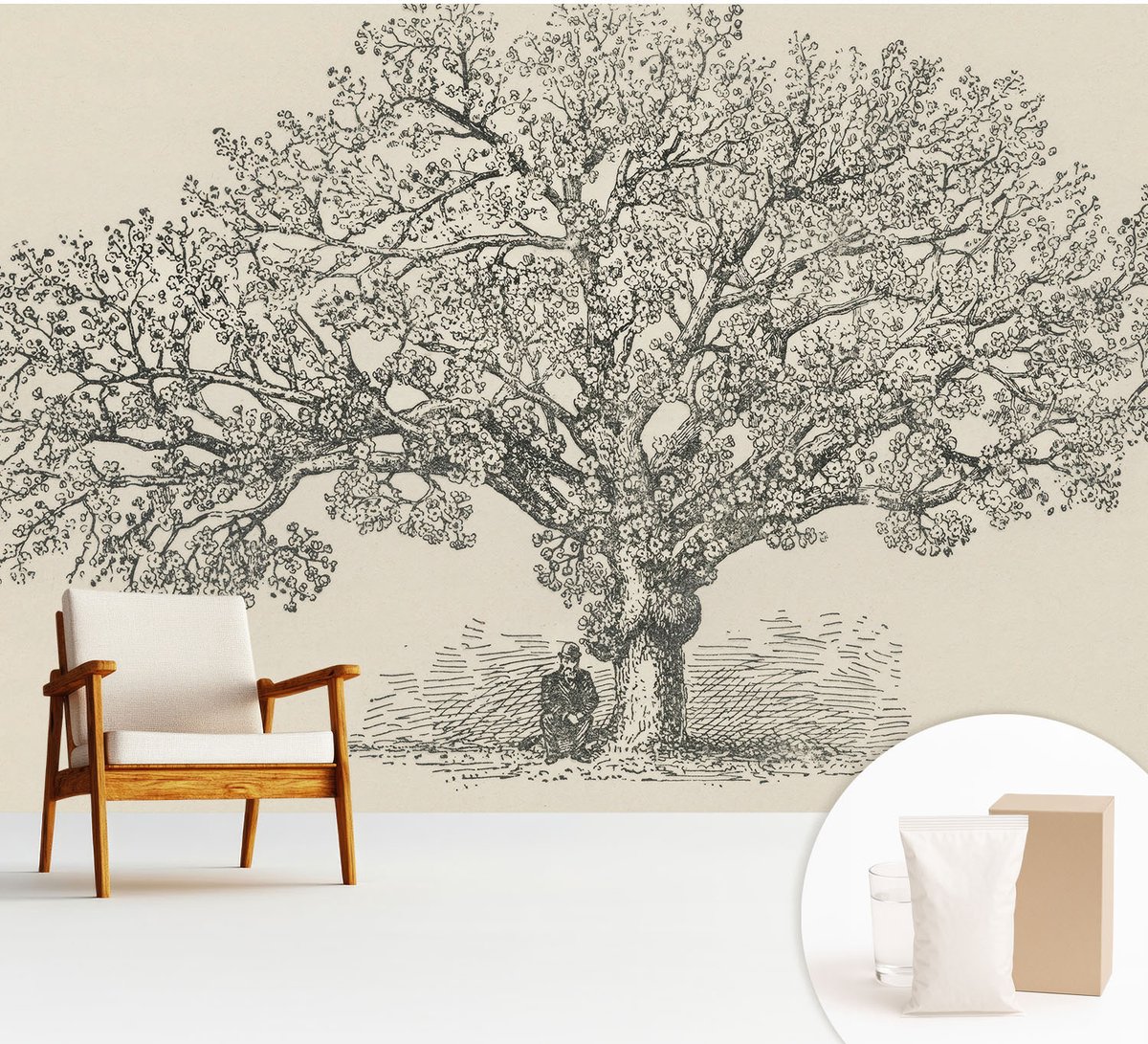 Wallfluent Fotobehang - Zwart-Wit Vliesbehang - 312x219 cm - Boomillustratie Muurschildering - Gang behang Bloemen En Planten - Fotobehang Vlies - Slaapkamer behang