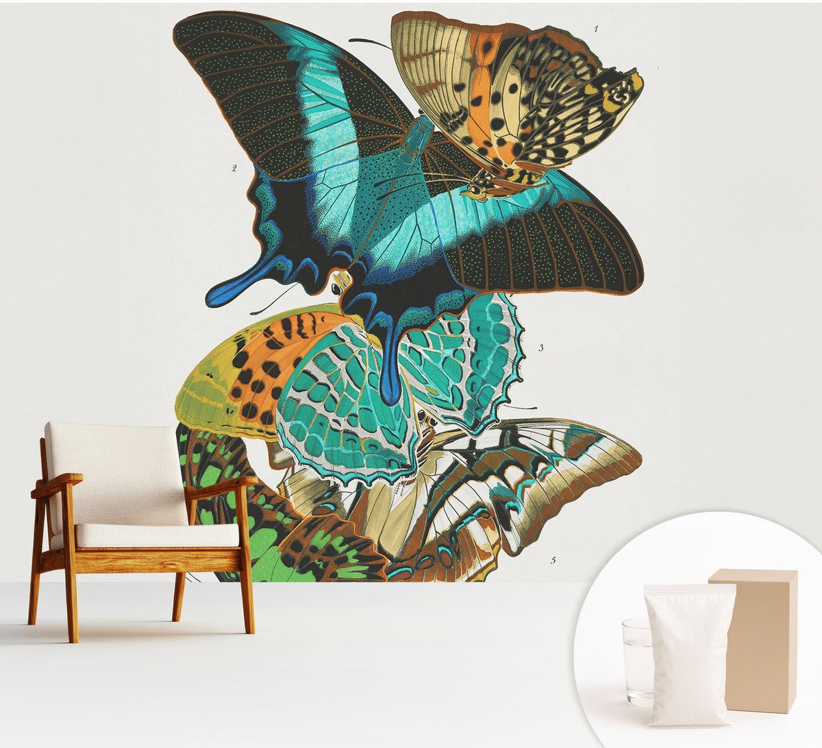Wallfluent Fotobehang - Turkoois Vliesbehang - 312x219 cm - Kleurrijke Vlinders Fotobehang Vlies - Woonkamer behang Dieren - Muurschildering - Hal behang