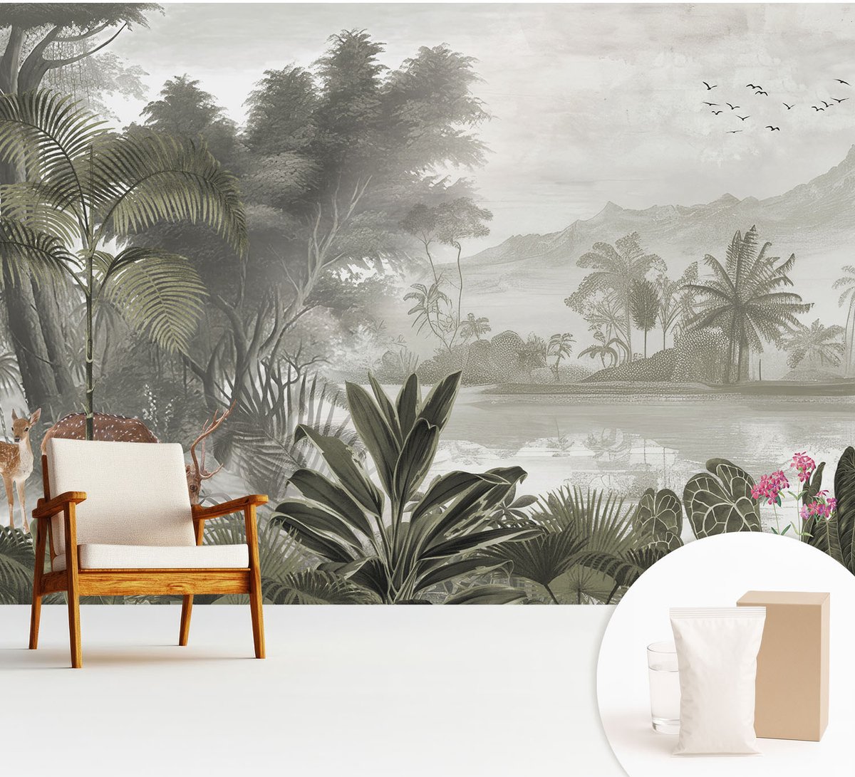 Wallfluent Fotobehang - Grijs Vliesbehang - 312x219 cm - Tropische Oase Muurschildering - Slaapkamer behang Landschappen - Fotobehang Vlies - Gang behang