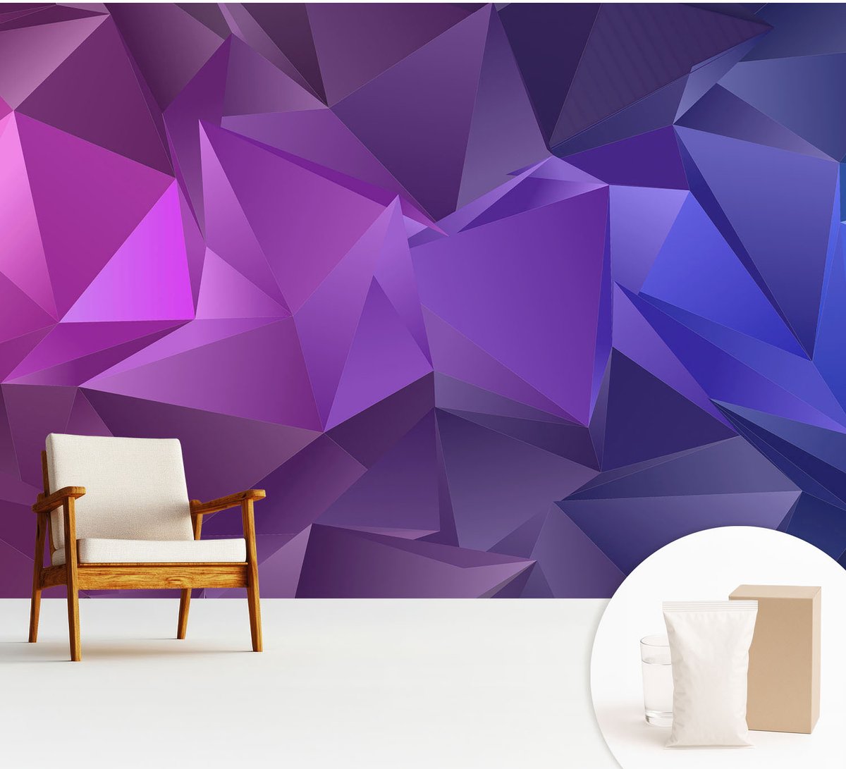 Wallfluent Fotobehang - Paars Vliesbehang - 312x219 cm - Paarse Driehoeken Muurschildering - Slaapkamer behang Abstractie - Fotobehang Vlies - Slaapkamer behang