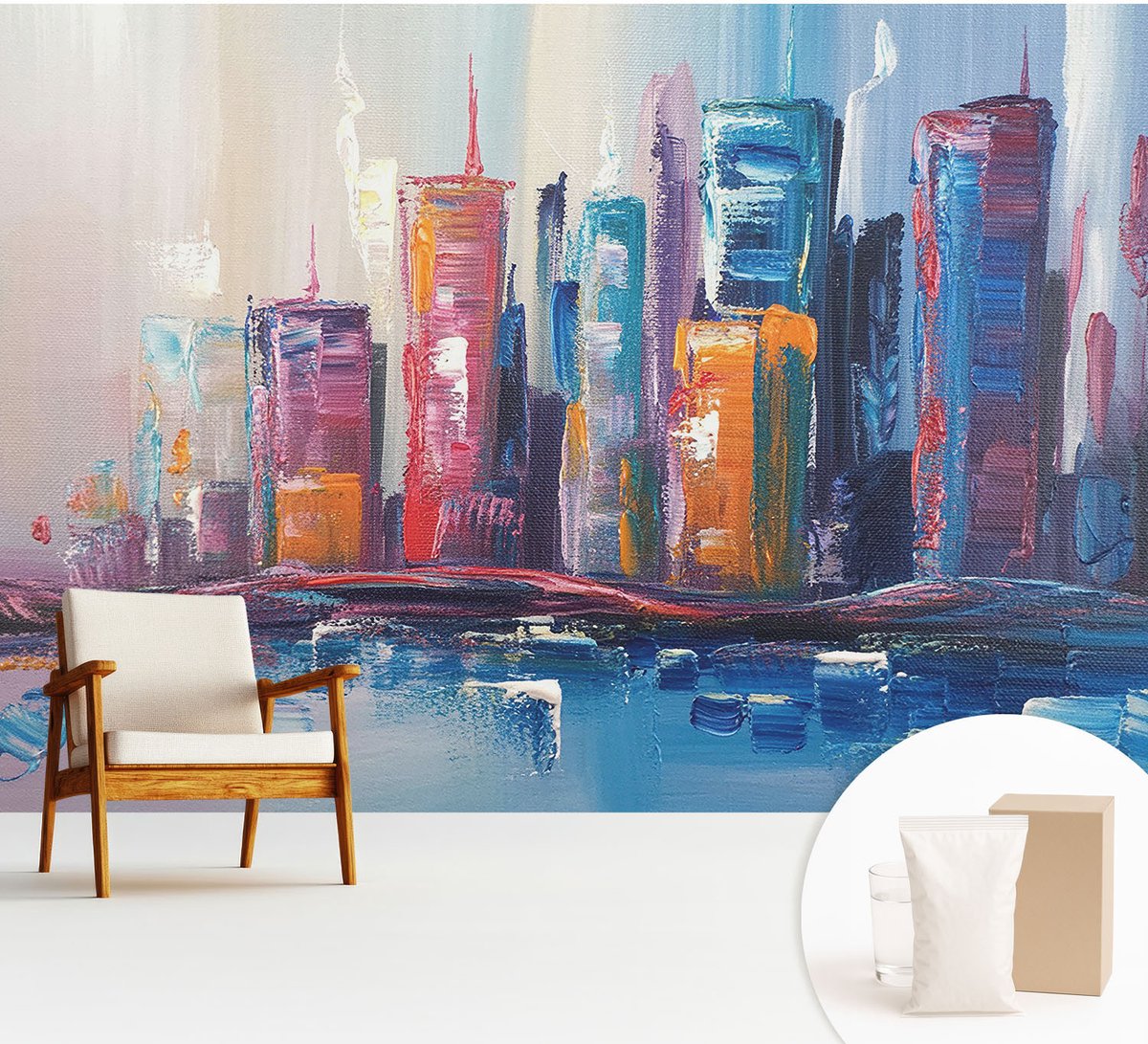 Wallfluent Fotobehang - Blauw Vliesbehang - 312x219 cm - Kleurrijke Stad Muurschildering - Gang behang Deel - Fotobehang Vlies - Slaapkamer behang