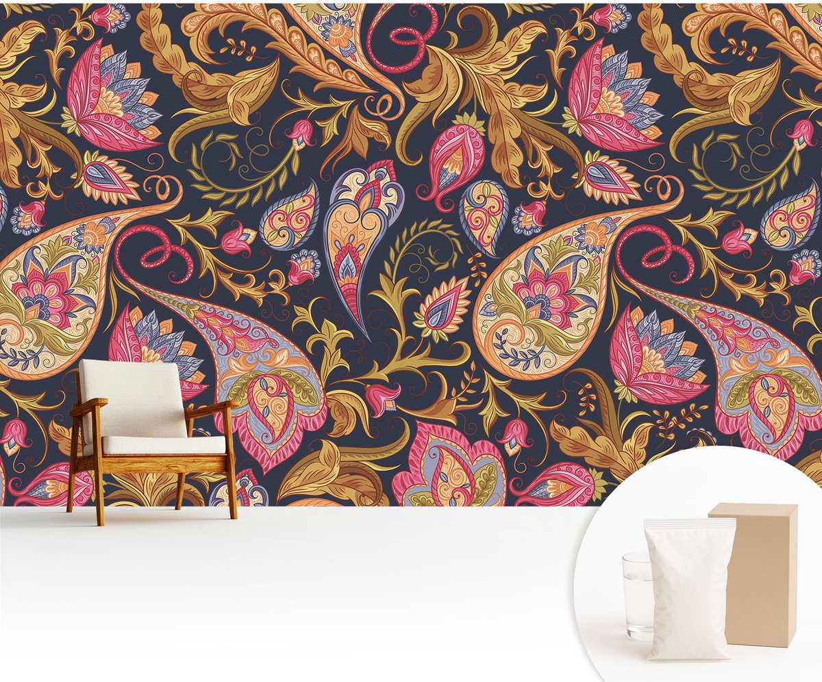 Wallfluent Fotobehang - Marine Vliesbehang - 416x254 cm - Kleurrijk Paisley-Patroon Muurschildering - Slaapkamer behang Achtergronden En Patronen - Fotobehang Vlies - Slaapkamer behang