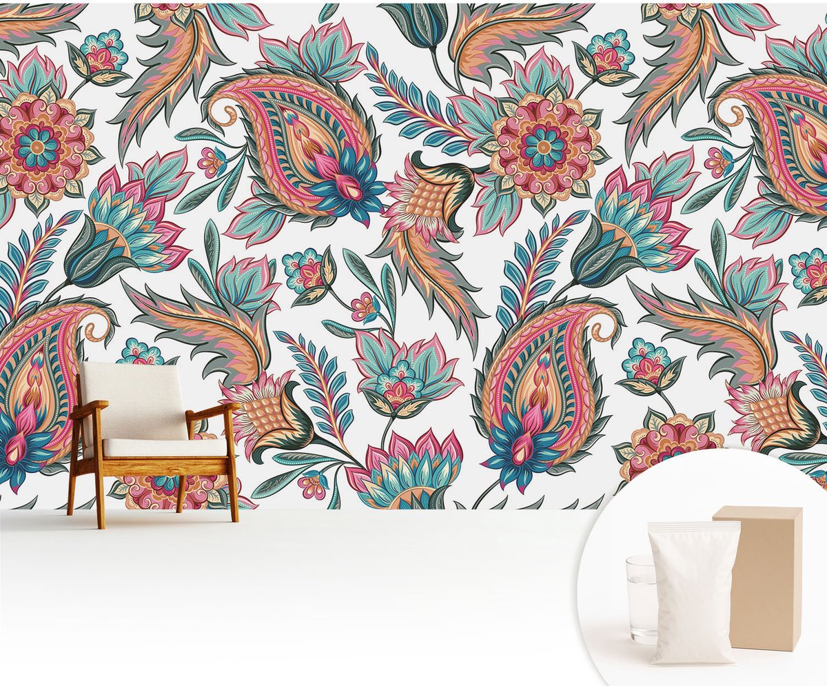 Wallfluent Fotobehang - Wit Vliesbehang - 416x254 cm - Oosters Patroon Muurschildering - Slaapkamer behang Achtergronden En Patronen - Fotobehang Vlies - Gang behang