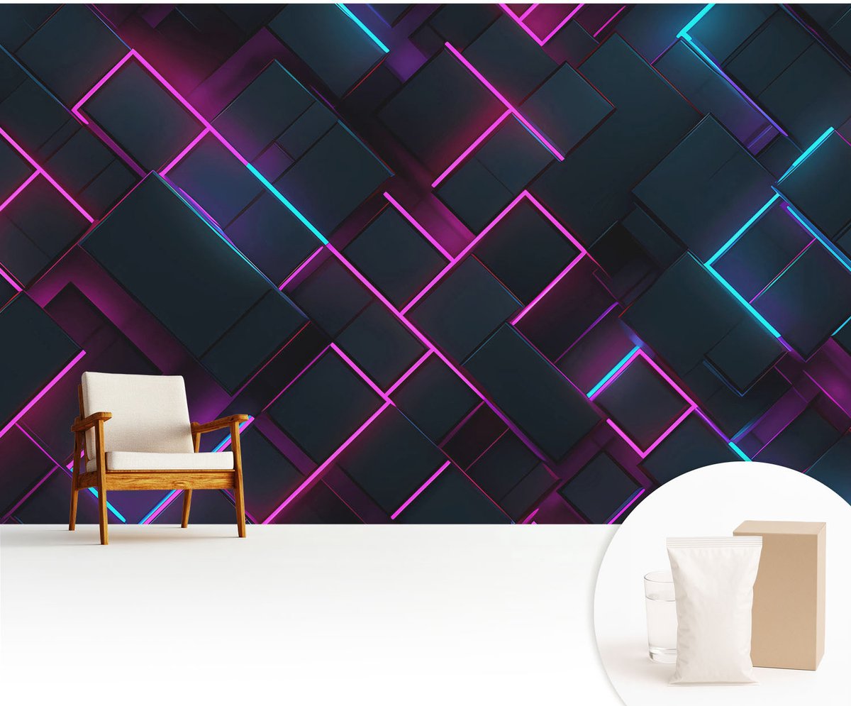 Wallfluent Fotobehang - Marine Vliesbehang - 416x254 cm - Neon Geometrie Fotobehang Vlies - Hal behang Abstractie - Muurschildering - Hal behang