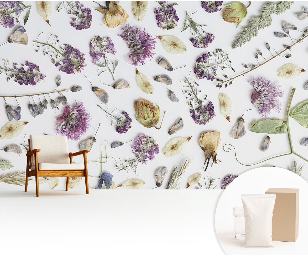 Wallfluent Fotobehang - Wit Vliesbehang - 416x254 cm - Gedroogde Bloemen Muurschildering - Slaapkamer behang Bloemen En Planten - Fotobehang Vlies - Slaapkamer behang