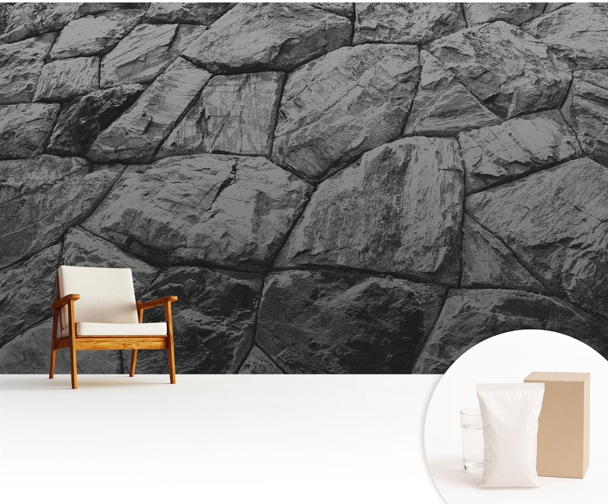 Wallfluent Fotobehang - Zwart-Wit Vliesbehang - 416x254 cm - Steenstructuren Muurschildering - Gang behang Texturen - Fotobehang Vlies - Slaapkamer behang