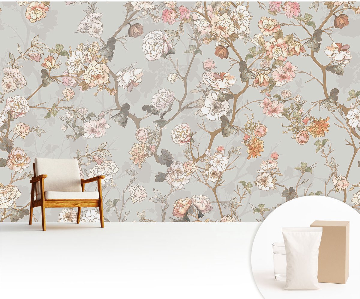 Wallfluent Fotobehang - Grijs Vliesbehang - 416x254 cm - Romantisch Patroon Fotobehang Vlies - Woonkamer behang Bloemen En Planten - Muurschildering - Woonkamer behang