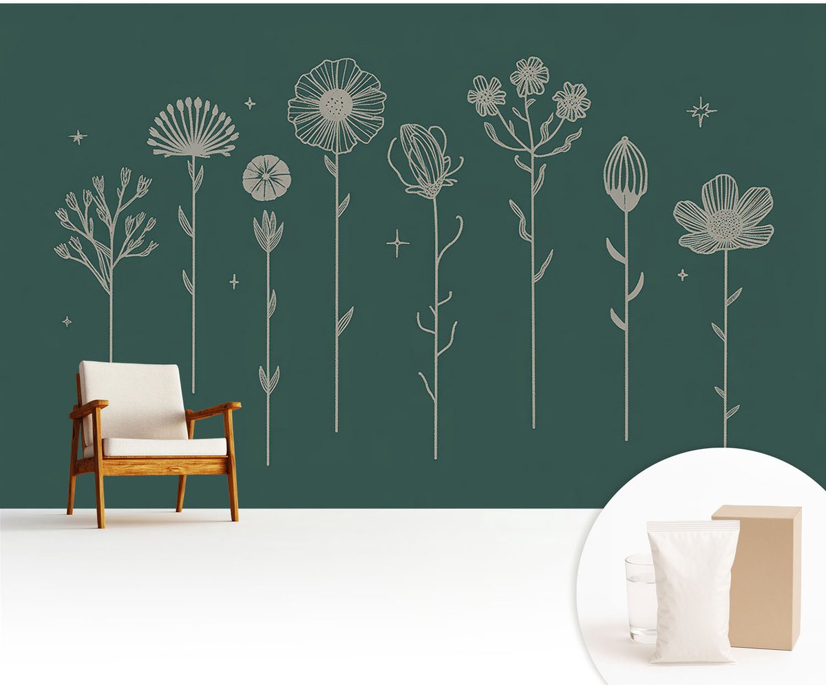 Wallfluent Fotobehang - Groente Vliesbehang - 416x254 cm - Subtiele Bloemen Muurschildering - Gang behang Bloemen En Planten - Fotobehang Vlies - Slaapkamer behang