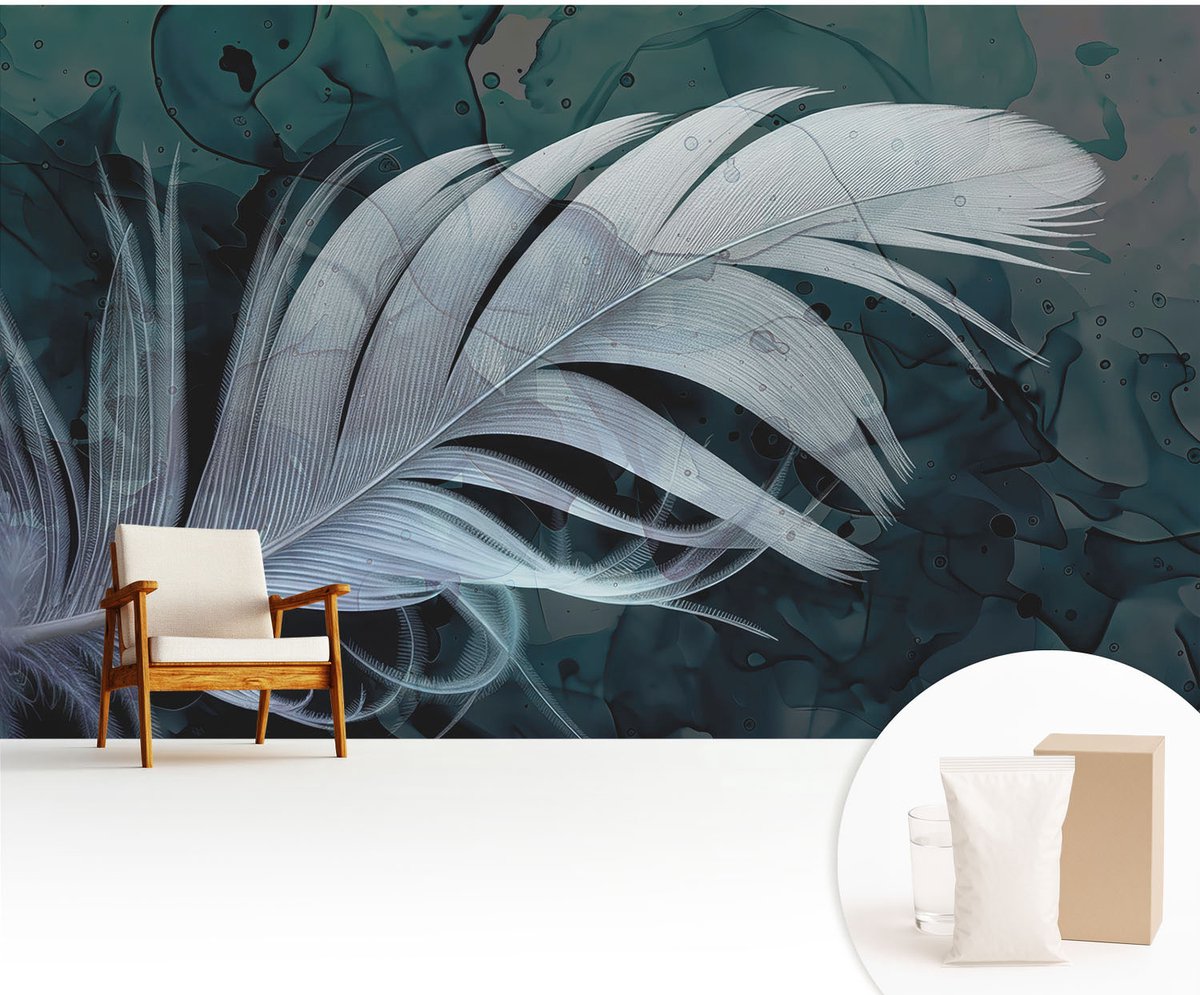 Wallfluent Fotobehang - Wit Vliesbehang - 416x254 cm - Etherische Veer Muurschildering - Slaapkamer behang Deel - Fotobehang Vlies - Slaapkamer behang