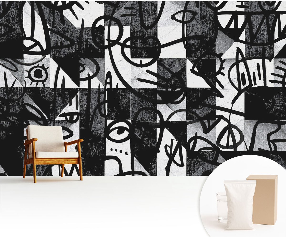 Wallfluent Fotobehang - Zwart Vliesbehang - 416x254 cm - Chaos Tekenen Muurschildering - Slaapkamer behang Abstractie - Fotobehang Vlies - Slaapkamer behang