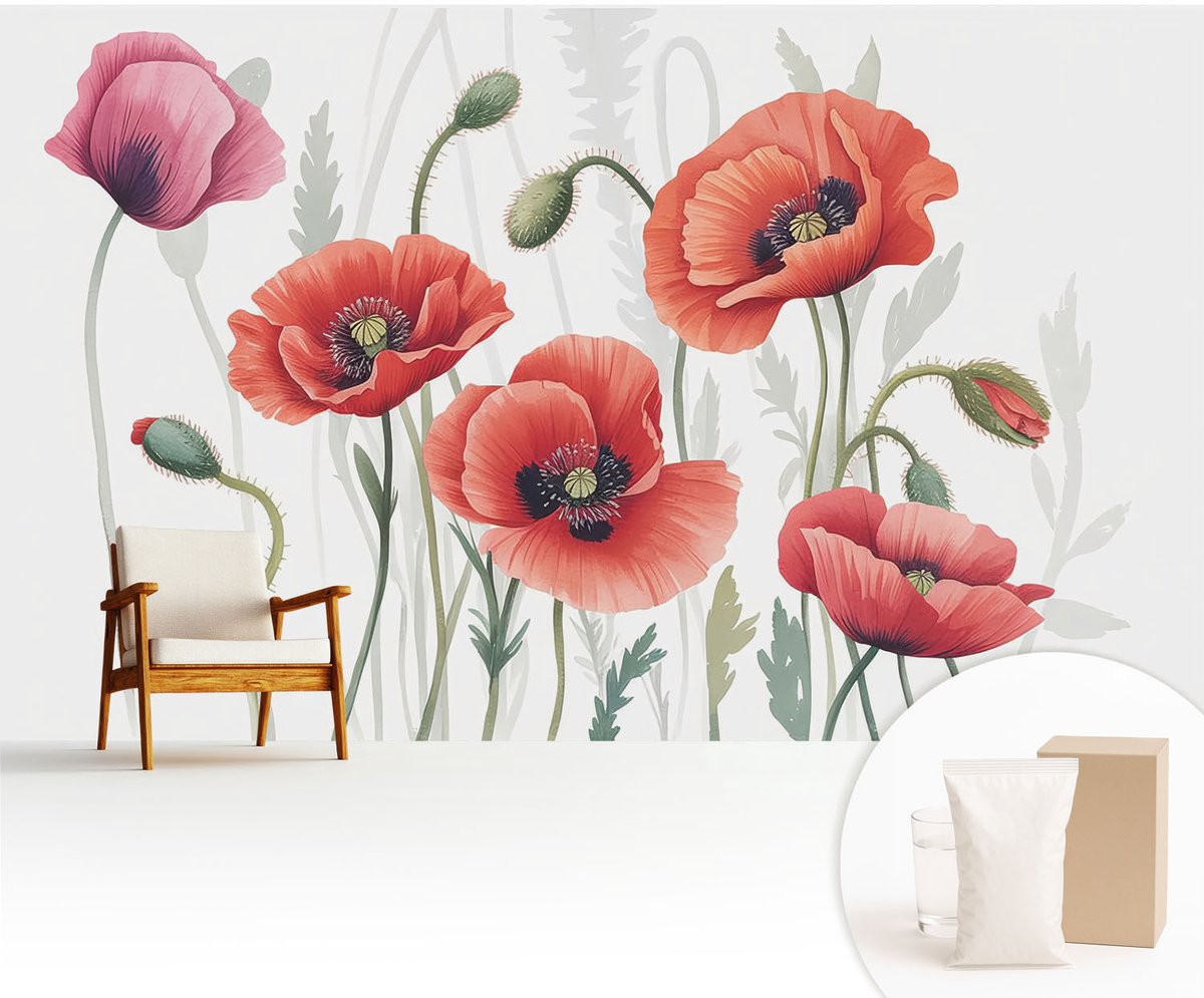 Wallfluent Fotobehang - Rood Vliesbehang - 416x254 cm - Rode Klaprozen Fotobehang Vlies - Hal behang Bloemen En Planten - Muurschildering - Woonkamer behang