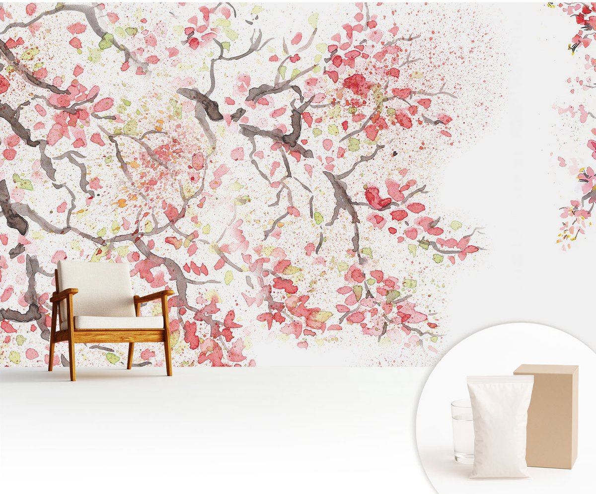 Wallfluent Fotobehang - Wit Vliesbehang - 416x254 cm - Bloeiende Takken Muurschildering - Gang behang Bloemen En Planten - Fotobehang Vlies - Slaapkamer behang