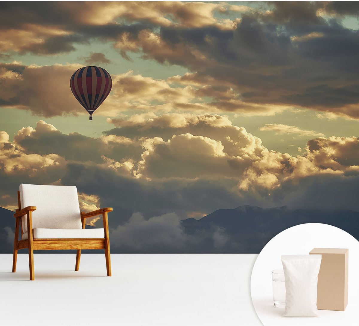 Wallfluent Fotobehang - Grijs Vliesbehang - 312x219 cm - Ballon In De Wolken Muurschildering - Slaapkamer behang Landschappen - Fotobehang Vlies - Gang behang