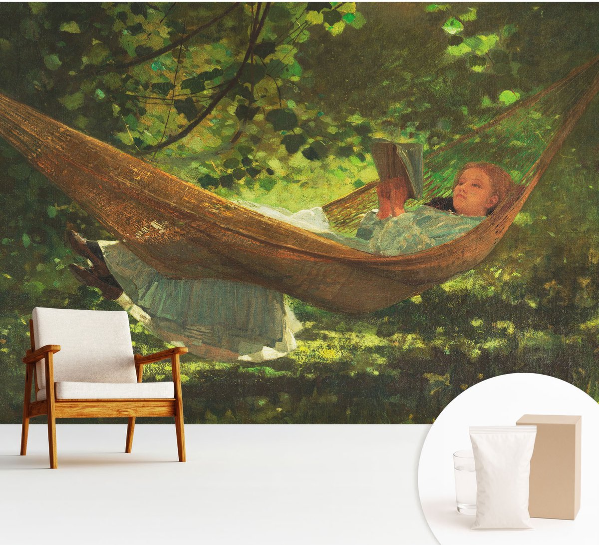 Wallfluent Fotobehang - Groente Vliesbehang - 312x219 cm - Ontspannen In Een Hangmat Muurschildering - Gang behang Bloemen En Planten - Fotobehang Vlies - Slaapkamer behang