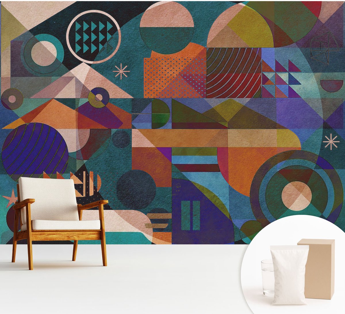 Wallfluent Fotobehang - Groente Vliesbehang - 312x219 cm - Geometrische Kunst Fotobehang Vlies - Woonkamer behang Abstractie - Muurschildering - Woonkamer behang