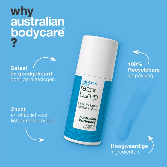 Blauw-witte roll-on met tekst 'SALICYLIC ACID razor bump' en 'australian bodycare' op een blauwe achtergrond met iconen en tekst.