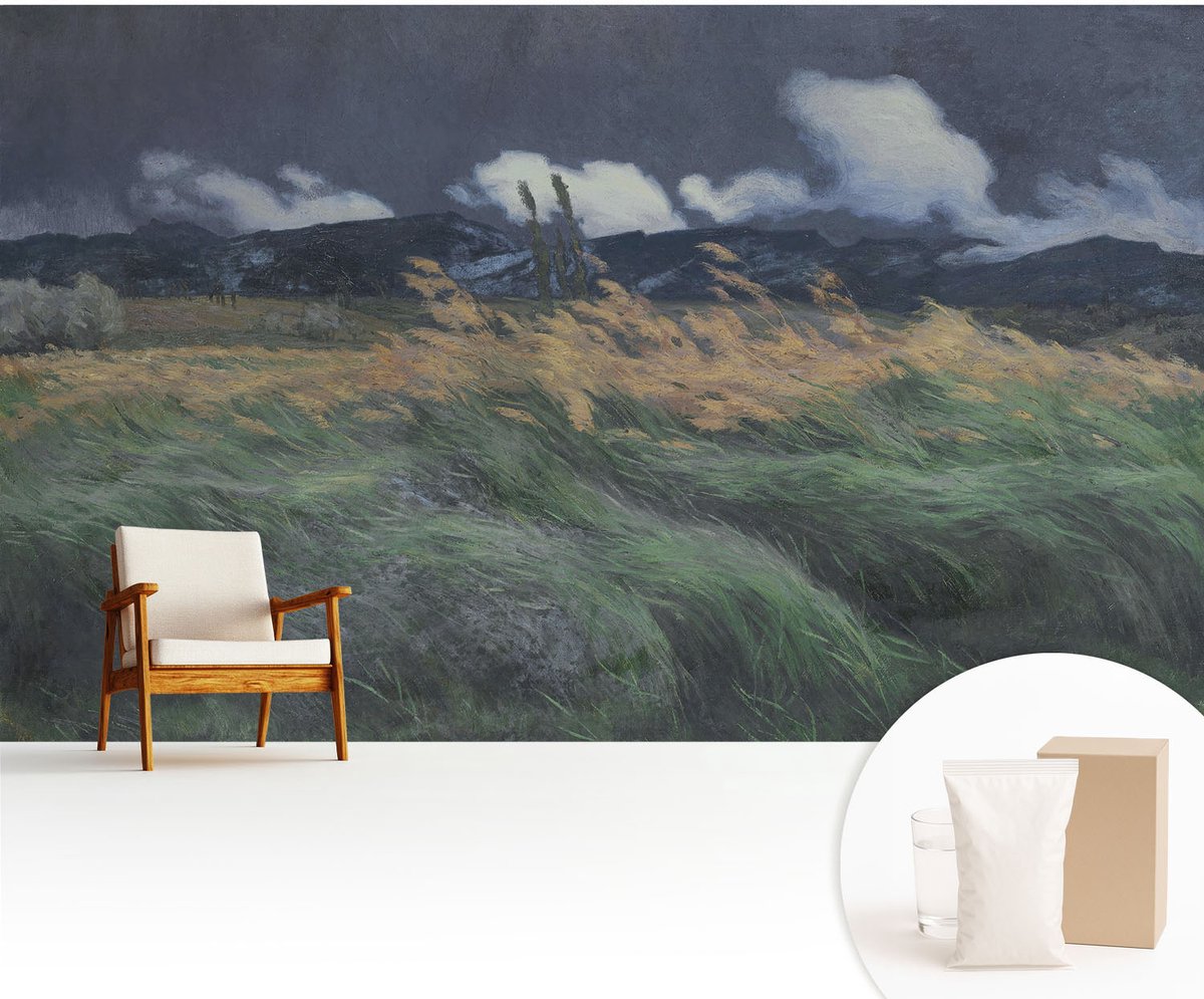 Wallfluent Fotobehang - Grijs Vliesbehang - 416x254 cm - Door De Wind Meegevoerde Grassen Muurschildering - Gang behang Landschappen - Fotobehang Vlies - Slaapkamer behang