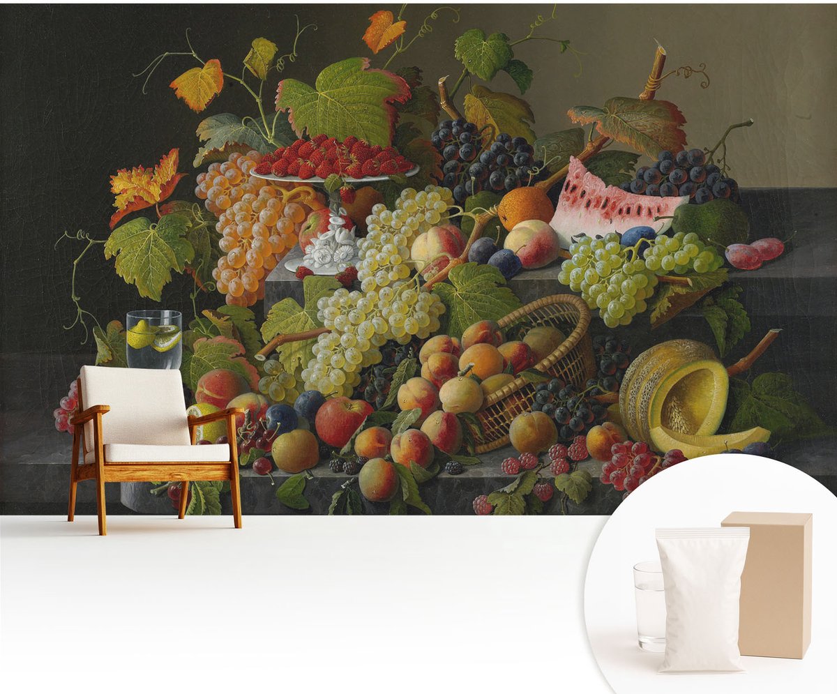 Wallfluent Fotobehang - Wit Vliesbehang - 416x254 cm - Fruitsamenstelling Fotobehang Vlies - Woonkamer behang Voedsel - Muurschildering - Woonkamer behang