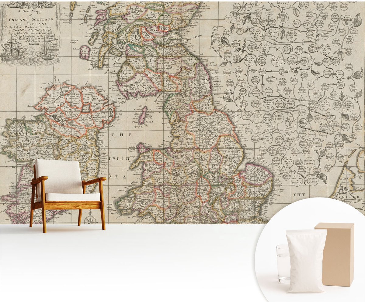 Wallfluent Fotobehang - Beige Vliesbehang - 416x254 cm - Antieke Kaart Fotobehang Vlies - Woonkamer behang Kaarten - Muurschildering - Woonkamer behang