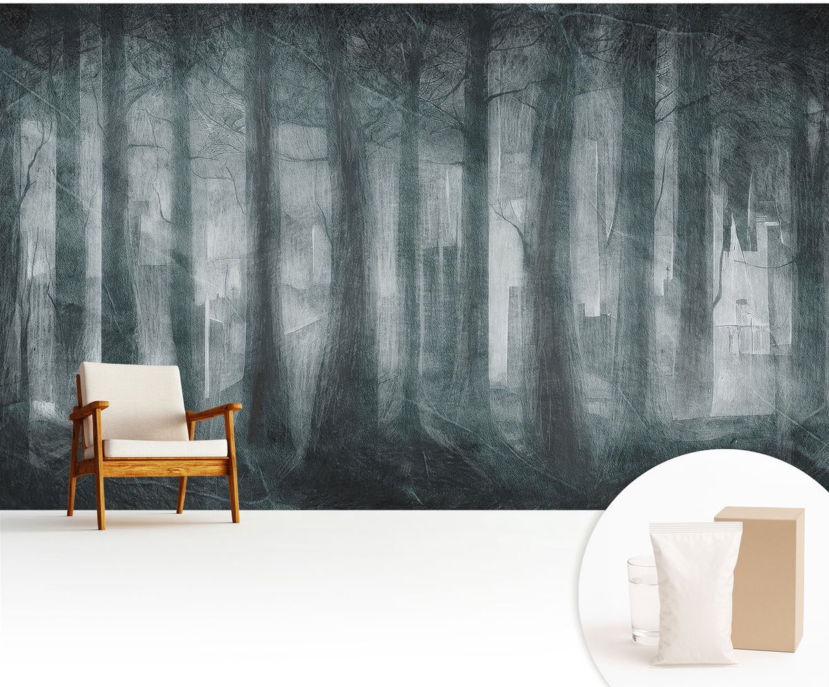 Wallfluent Fotobehang - Grijs Vliesbehang - 416x254 cm - Mysterieus Bos Fotobehang Vlies - Hal behang Landschappen - Muurschildering - Woonkamer behang