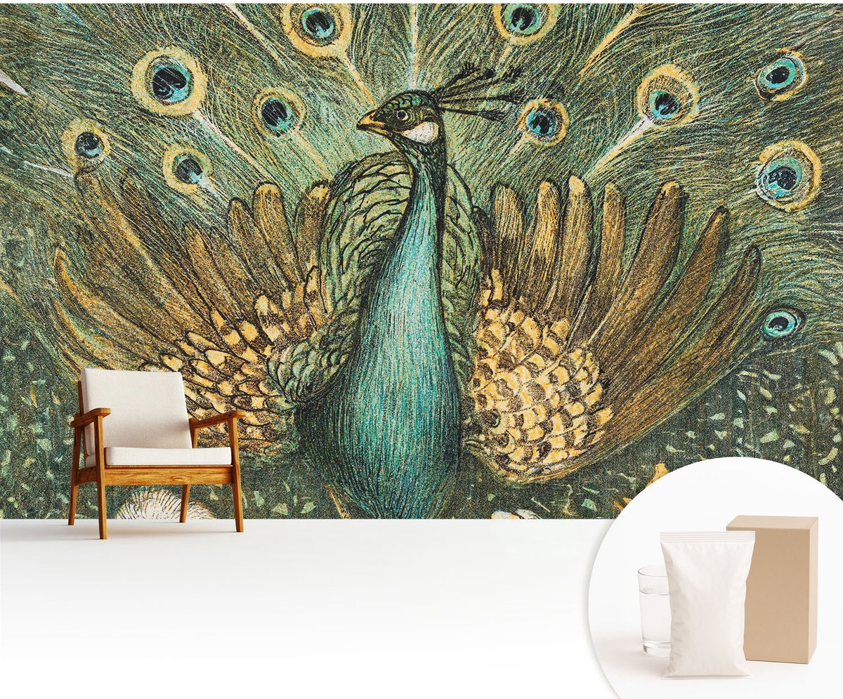 Wallfluent Fotobehang - Groente Vliesbehang - 416x254 cm - Majestueuze Pauw Fotobehang Vlies - Woonkamer behang Dieren - Muurschildering - Hal behang