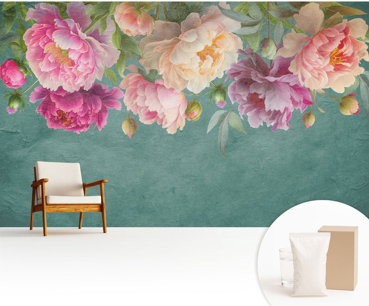 Wallfluent Fotobehang - Groente Vliesbehang - 416x254 cm - Bloemige Elegantie Muurschildering - Slaapkamer behang Bloemen En Planten - Fotobehang Vlies - Slaapkamer behang