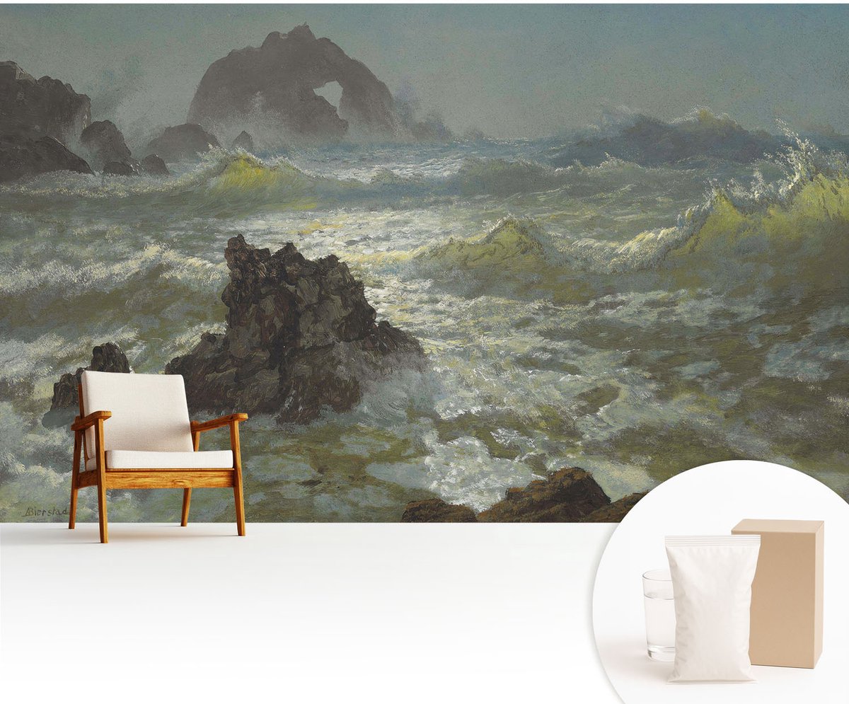Wallfluent Fotobehang - Grijs Vliesbehang - 416x254 cm - Stormachtige Zee Fotobehang Vlies - Hal behang Landschappen - Muurschildering - Woonkamer behang