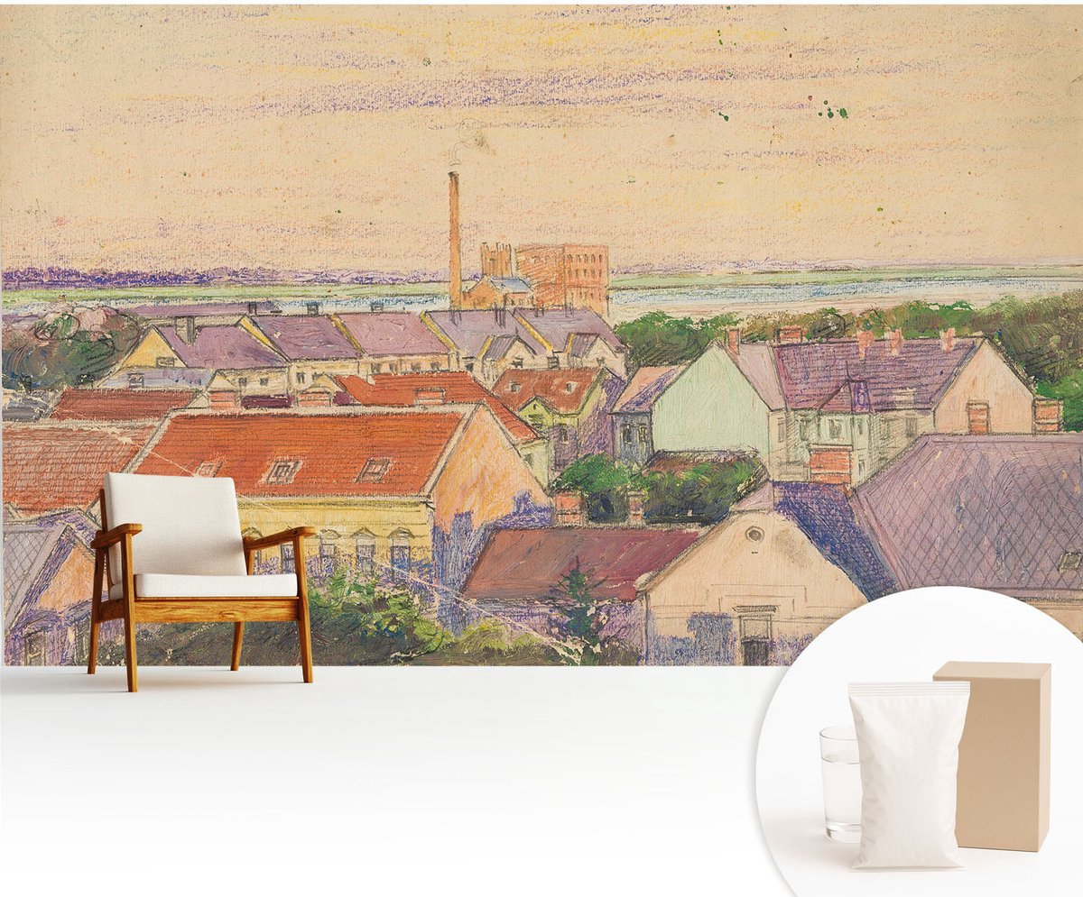 Wallfluent Fotobehang - Beige Vliesbehang - 416x254 cm - Stedelijke Daken Muurschildering - Gang behang Architectuur - Fotobehang Vlies - Slaapkamer behang