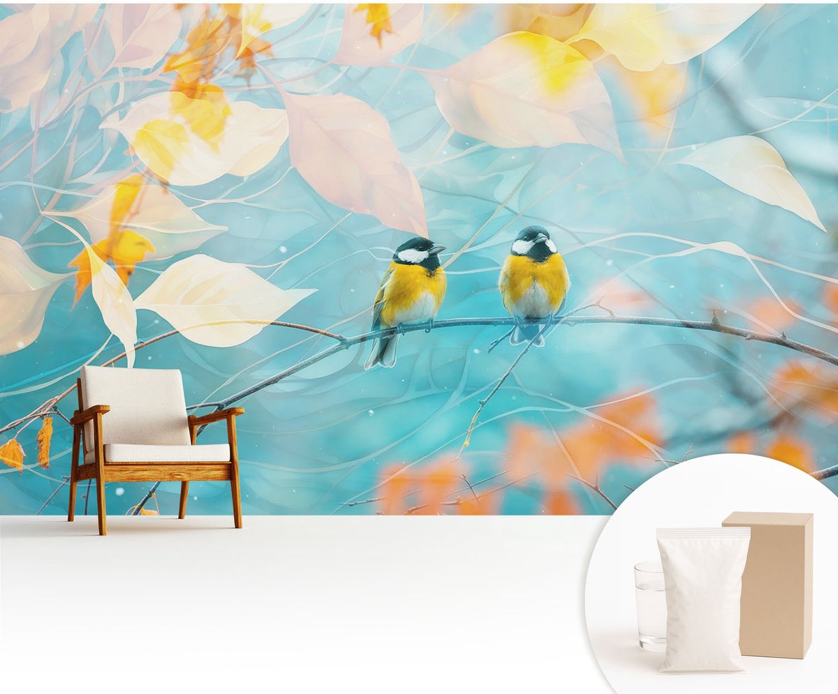 Wallfluent Fotobehang - Blauw Vliesbehang - 416x254 cm - Lente Vogels Fotobehang Vlies - Hal behang Dieren - Muurschildering - Woonkamer behang