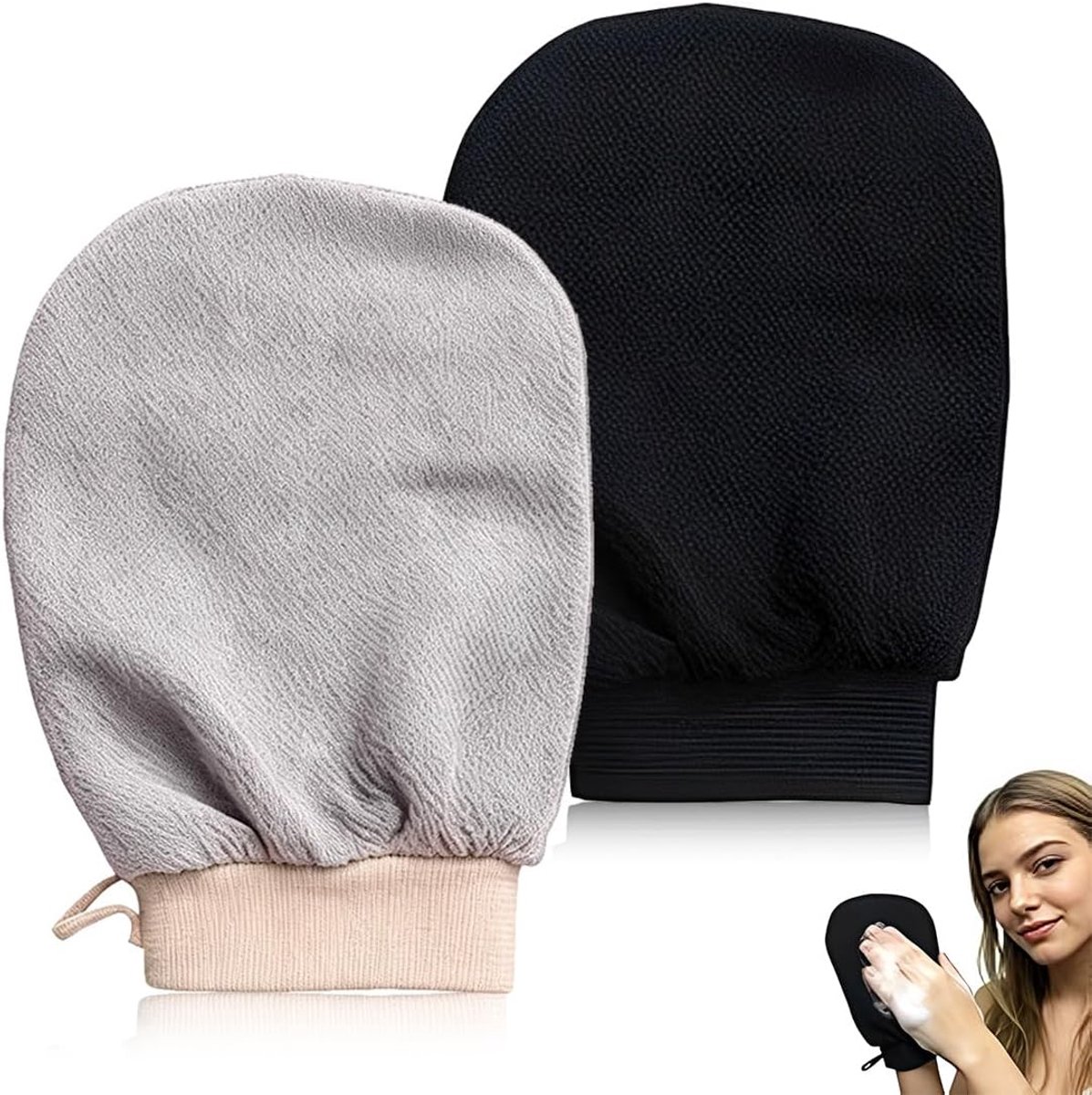 2 stuks peelinghandschoenen, zwart en wolkengrijs, voor douche en spa, 14 x 21 cm - ShopVlot