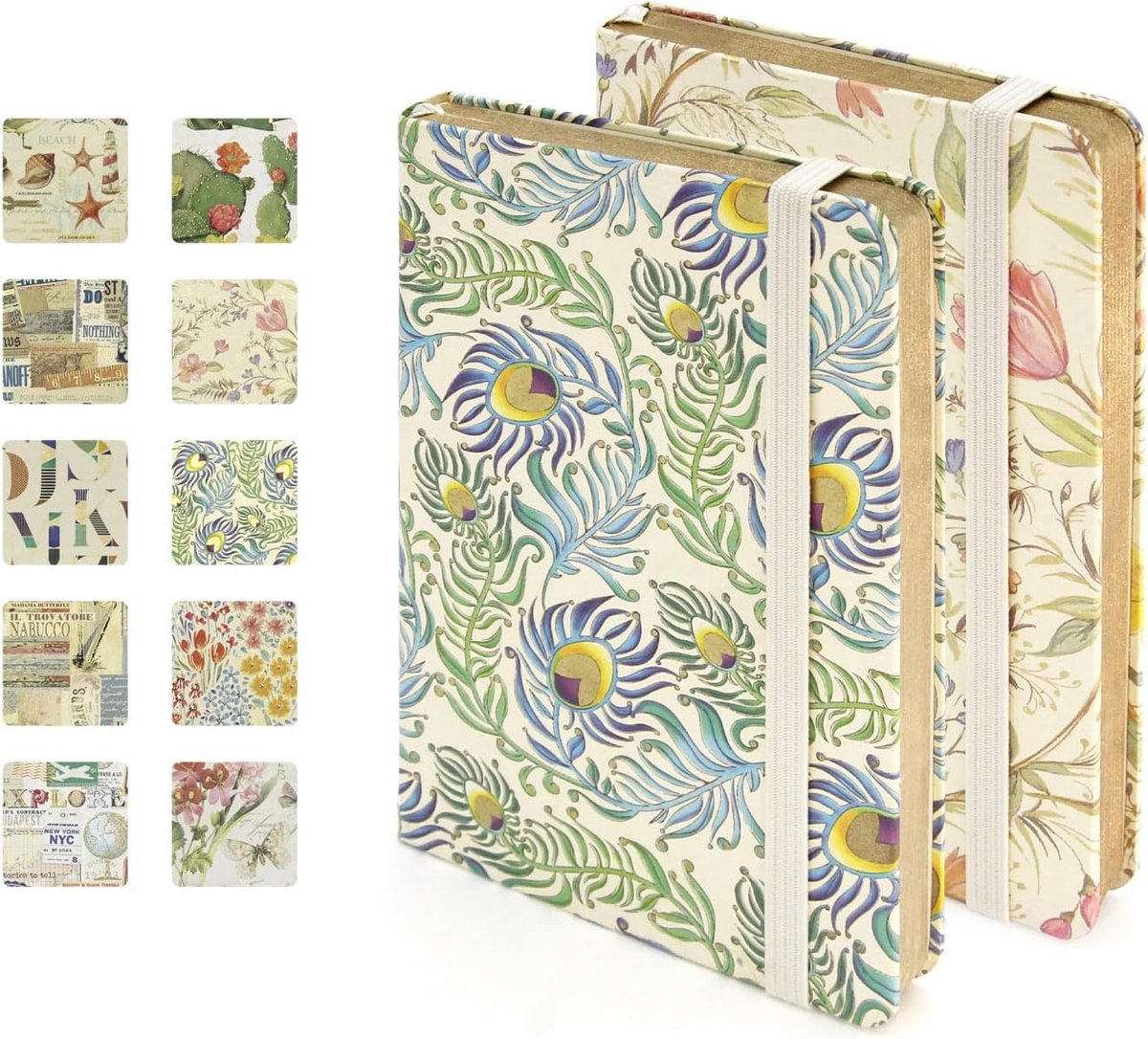 SnelShoppen - Notitieboek A5 hardcover met elastiek, 106 gelinieerde pagina's, leeslint, achtervak, voor school, kantoor, reizen, 14x21 cm, bloemmotie
