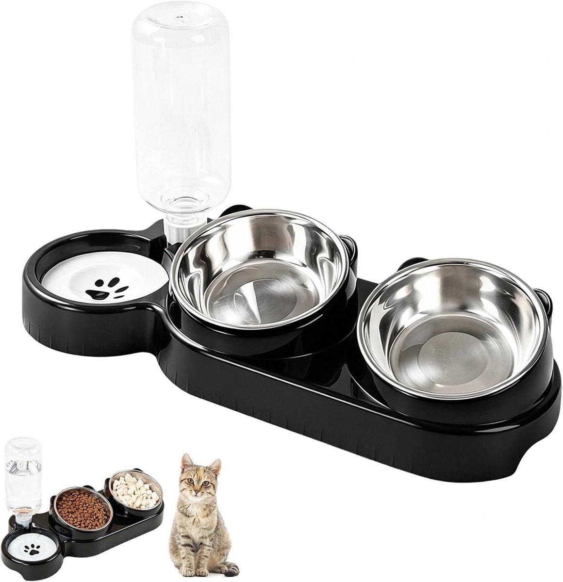 Kattenbak, voerbak kat 3-in-1 voerbak kat roestvrij staal (zwart) - ShopVlot