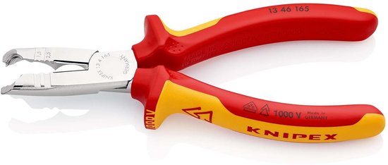 Knipex ontmantelingstang 165mm met rode en gele handvatten. Tekst: 1000 V, Made in Germany.