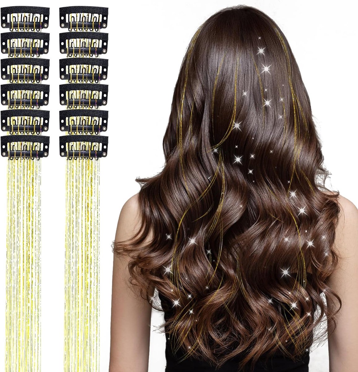 12 Tinsel Hair Extensions, 50 cm Heat Resistant Glitter Strands for Women and Children, Glitter Fairy Hair Accessories - ShopVlot