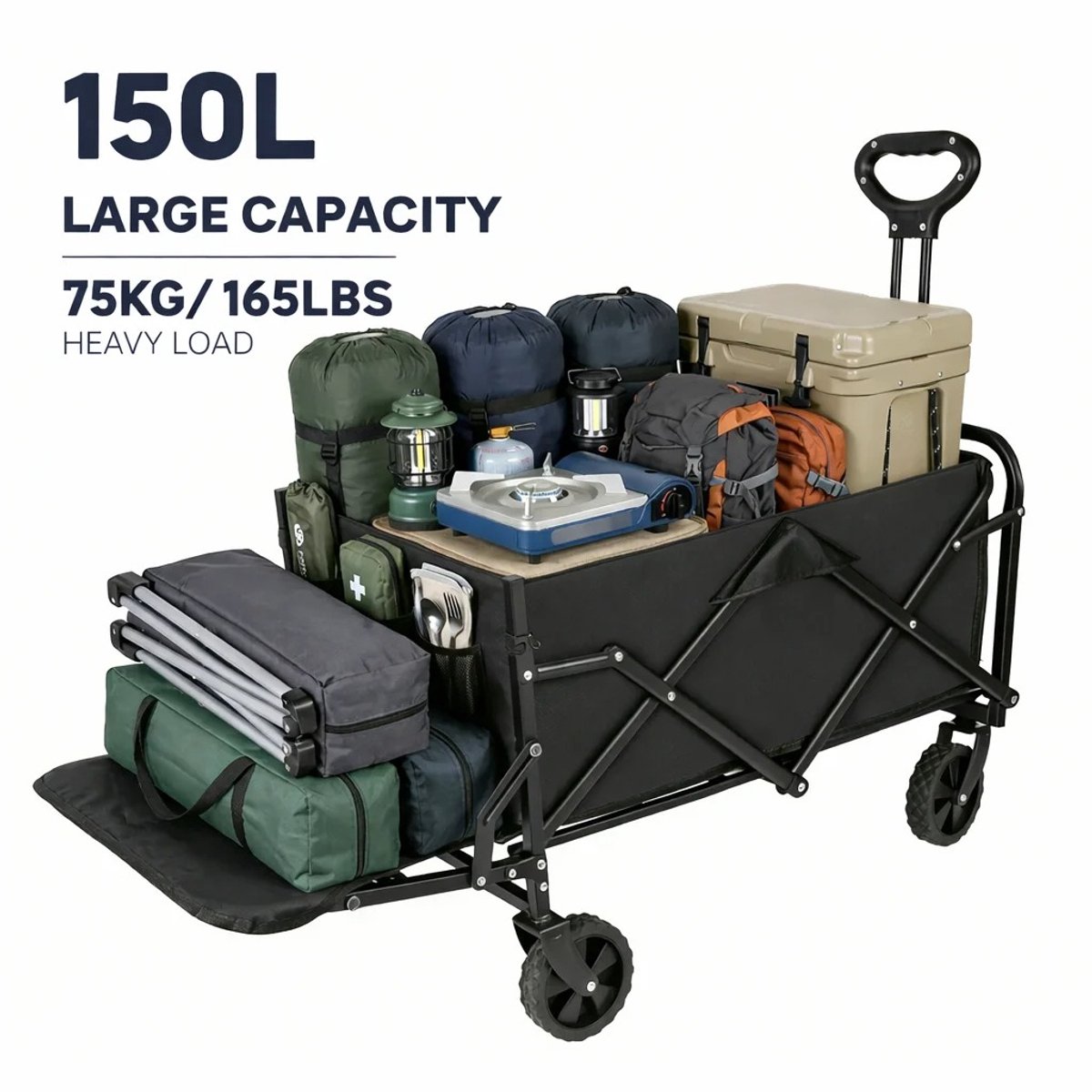 Heidat bolderkar - Opvouwbaar - Uitklapbaar - 150 liter - Tot 75 kg - 360° wielen - Zwart