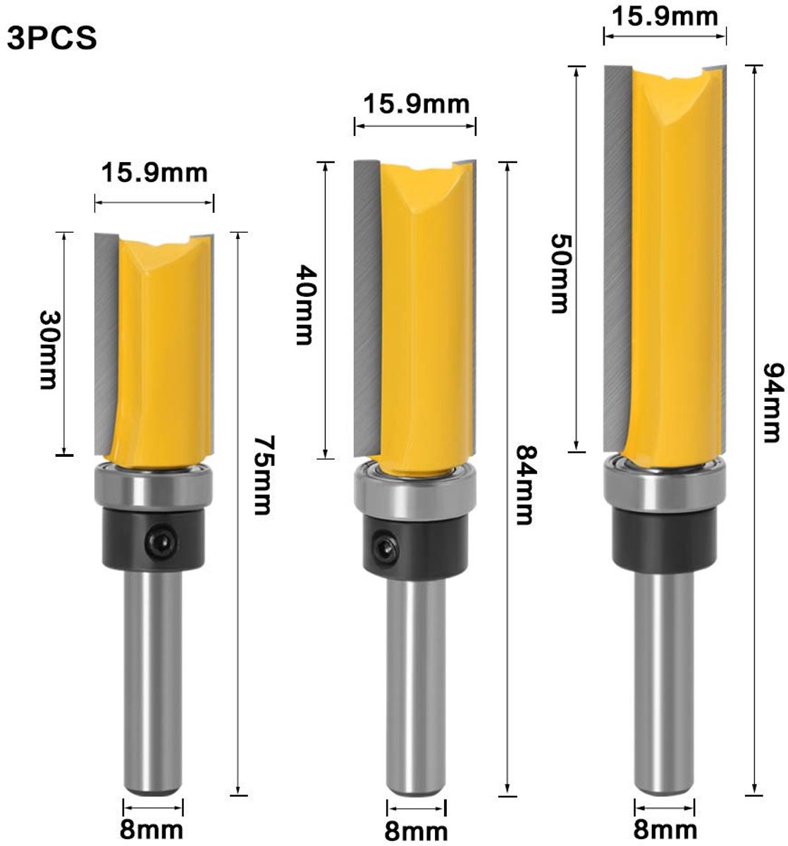 3pcs 8mm Shank Flush Trim Pattern Template Router Bit Set, Wood Top Bearing Free Tools Flush Trim Bit Woodworking Free - ShopVlot