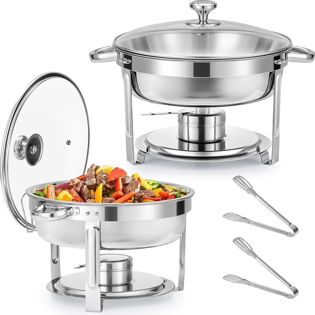 Chafing dish rond met glazen deksel, Buffet set van 2, RVS voedselwarmer kit 5,5 liter, Bain Marie met brandpasta houder, voor partijen buffetten banketten diners
