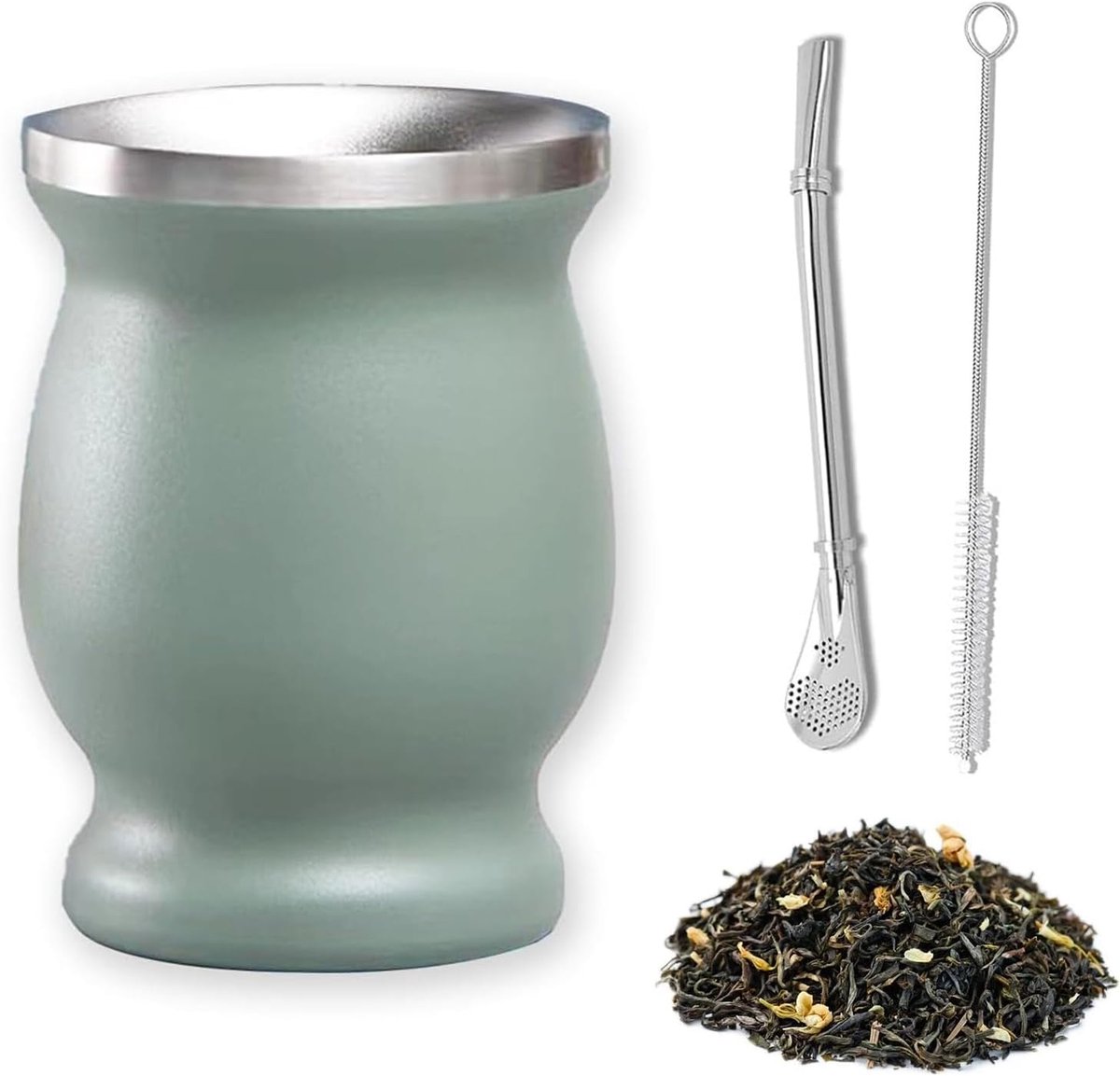 Beker, 230 ml, gemakkelijk te reinigen beker, met rietje en reinigingsborstel, bekerset van roestvrij staal, geschikt voor keuken, restaurant, café, cadeaus voor familie en vrienden, groen