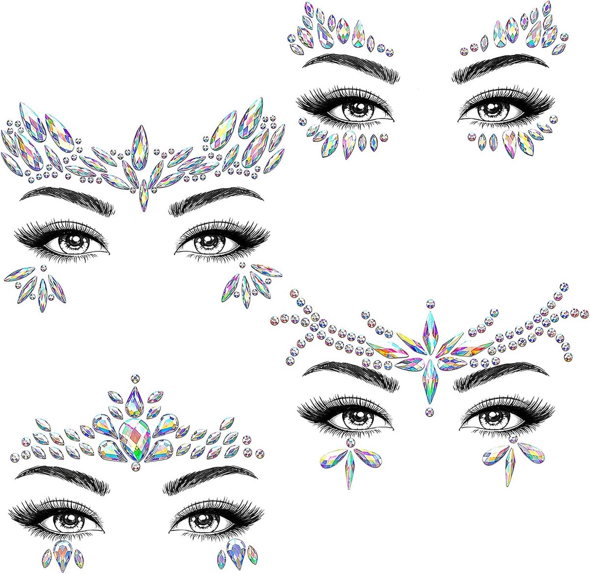 4 stuks glitterstenen gezicht, 3D gezicht strass-steentjes festival, strasssteentjes gezicht stickers tijdelijke tatoeage, zelfklevende strass juwelen kristallen voor carnaval, zomer, party, make-up