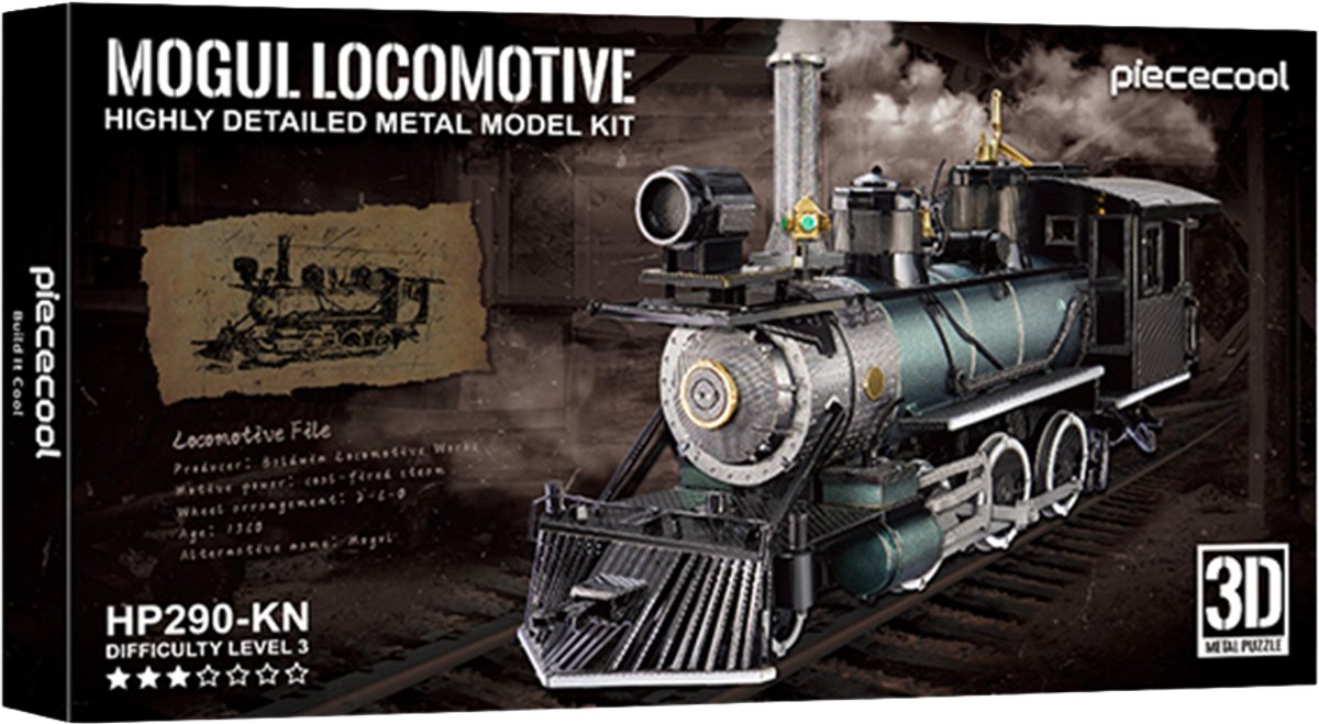PIECECOOL - Mogul Locomotive - Geronimo Games - Hobby - Metalen Model - 3D Puzzel - Level 3 - Highly detailed - color - 282 stukjes