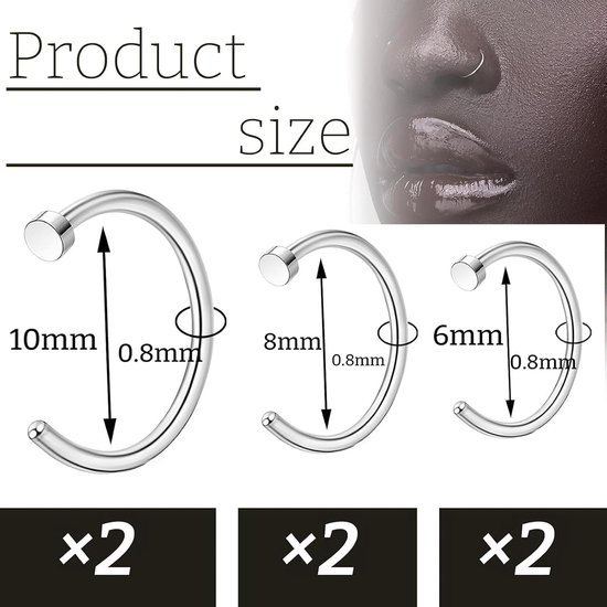 Set van 6 neppiercings, neuspiercing, septum-ring van roestvrij staal, nep-piercing, neusset, hoepel 6 mm/8 mm/10 mm, dun en klein, hypoallergeen voor kraakbeen en helix, zilver — afbeelding 2