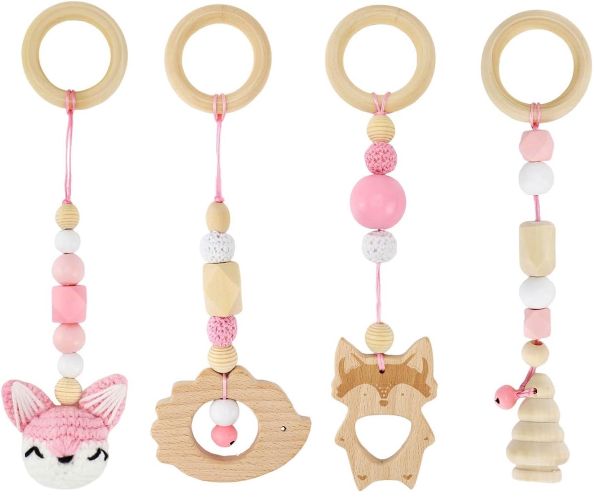 4 stuks speelbogen voor baby's van hout, speeltrapeze voor baby's, babygym van hout, speelgoedhangers, speelbogen voor meisjes en jongens, babyspeelgoed, maanden speelbogen (Roze)