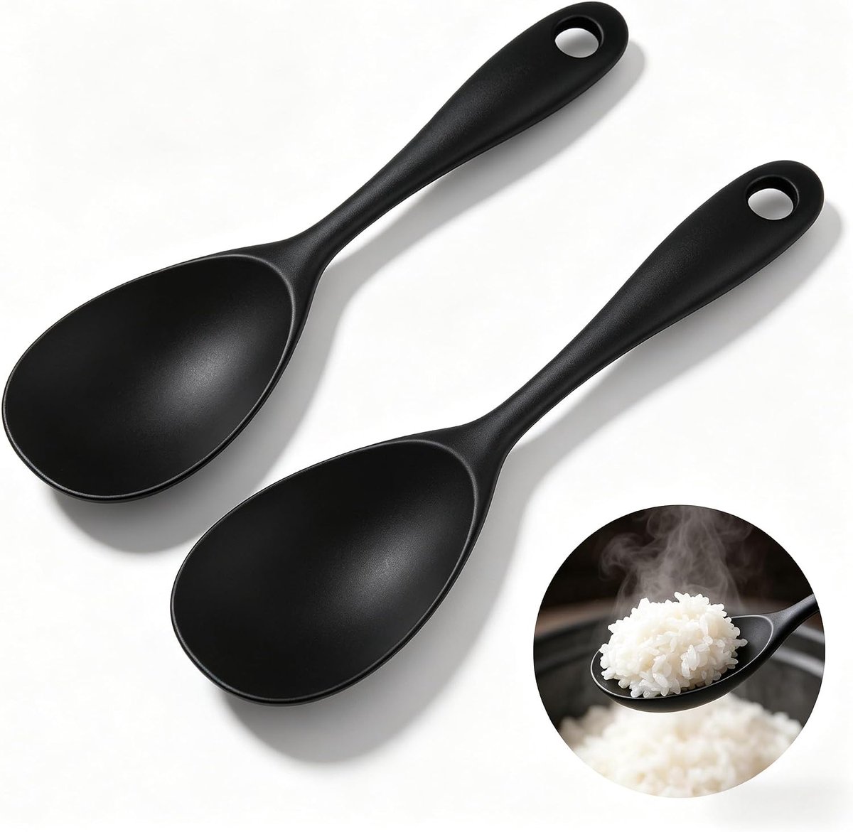 2 stuks rijstlepels, siliconen, 22,5 x 6,2 cm, antiaanbaklaag, serveerlepel, siliconen met gat om op te hangen, BPA-vrij, hittebestendige siliconen lepel voor aardappelpuree, rijst, rijstkoker (zwart)