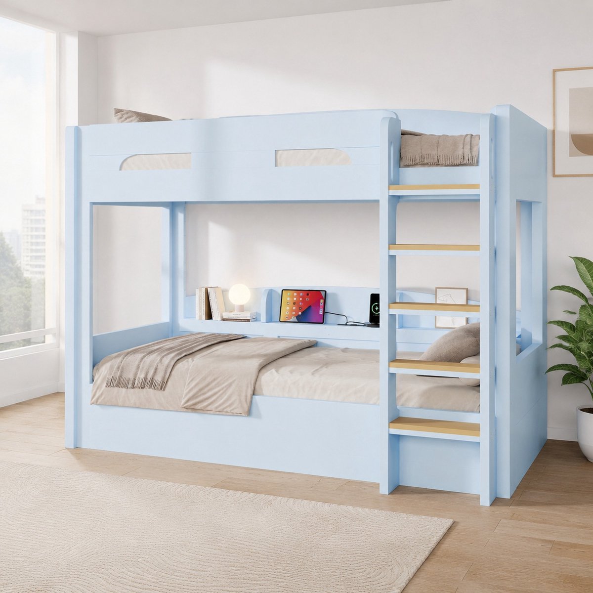 Stapelbed – 90 x 200 cm – USB-Aansluiting en Opbergruimte – Hout en MDF – Lichtblauw – Kinderen