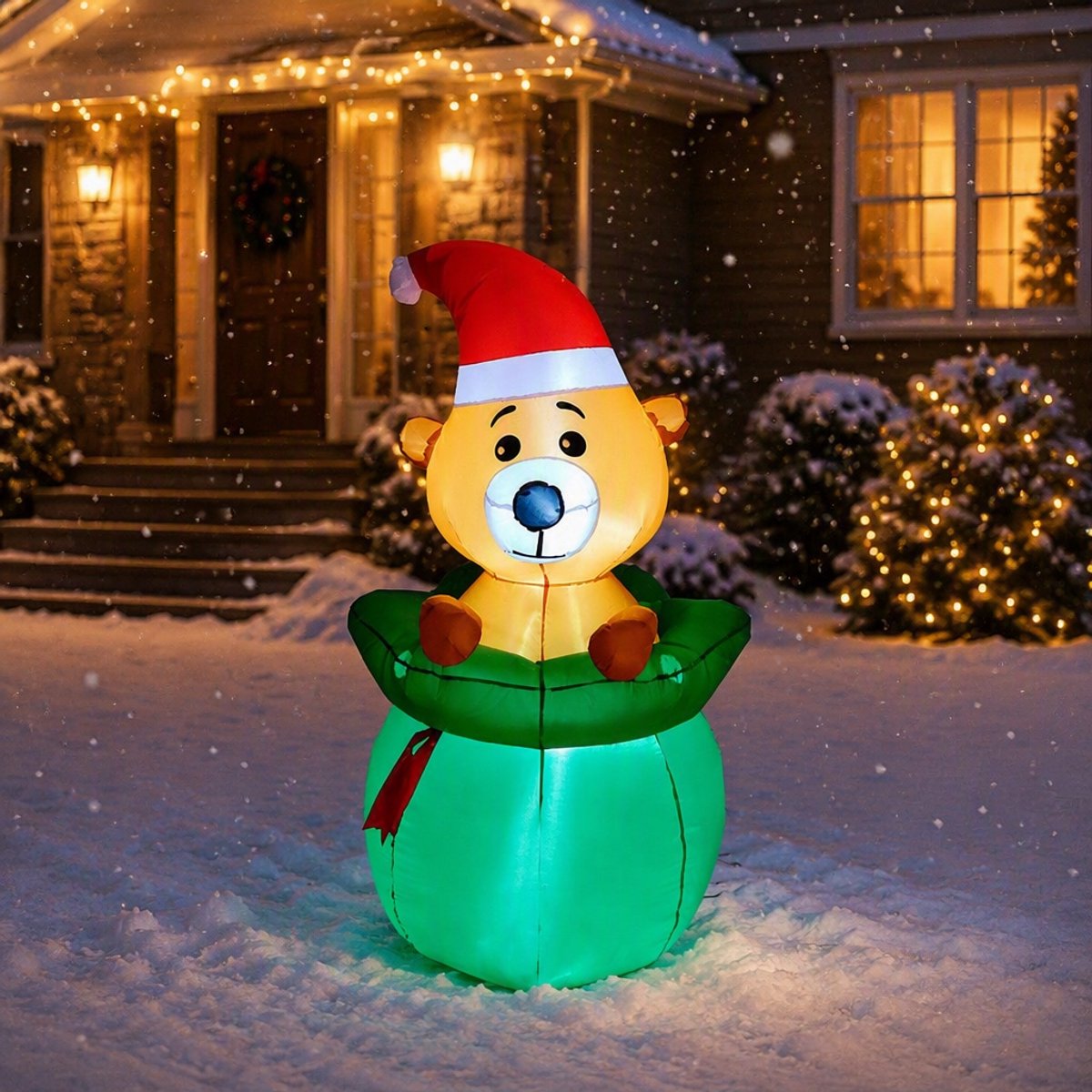 Opblaasbare kerstbeer met cadeautas - 150 cm hoog - met witte LED-verlichting - kerstdecoratie voor tuin & buiten - incl. grondpennen
