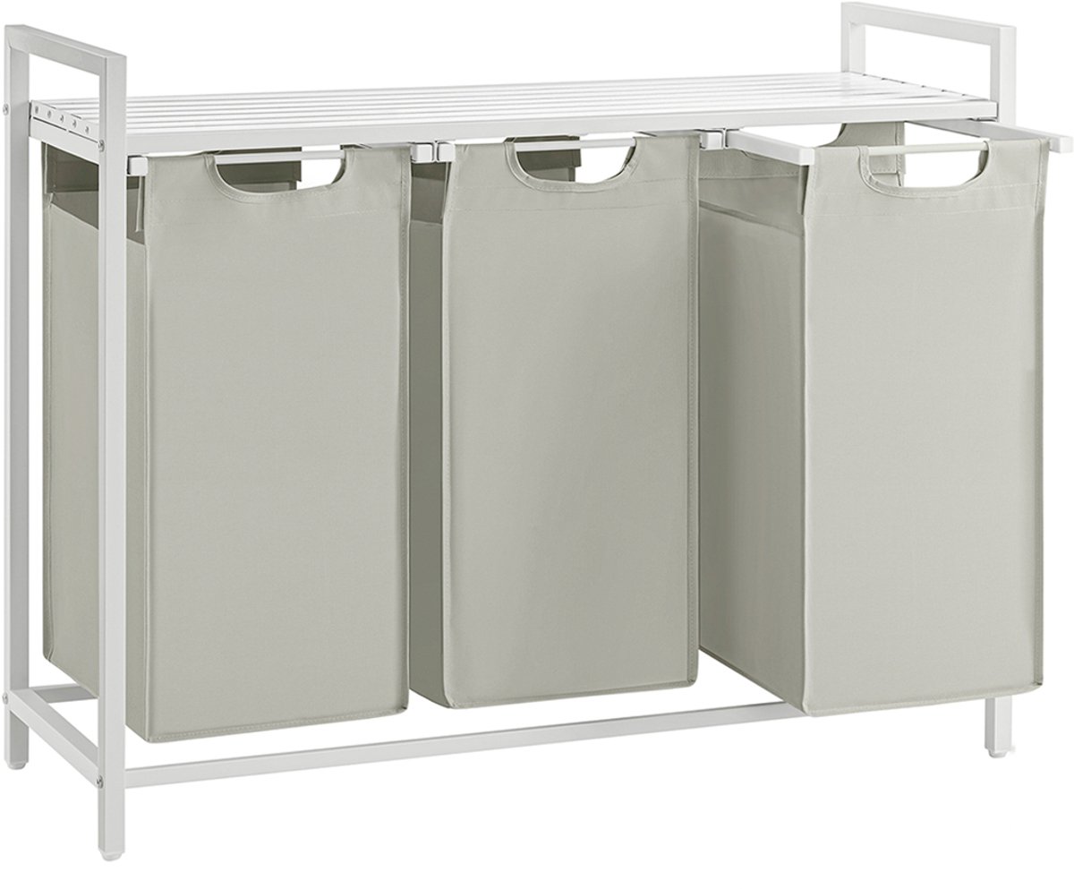 Wasmand 92,5 x 33 x 72 cm, 3 Compartimenten, 3 x 38 Liter, Vuile Wasmand met Uittrekbare en Uitneembare Waszakken, Wasgoed Sorter met Legplank, Wasverzamelaar, Metalen Frame, Oxford-Stof, MDF, Verstelbare Voetjes, Max. 30 kg, Wit