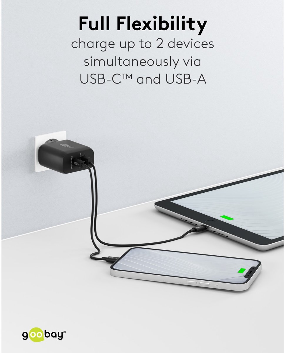 Goobay dubbele USB-snellader 45 W zwart met GaN-technologie, USB-C Power Delivery en USB-A, compacte muurlader voor laptop en smartphone