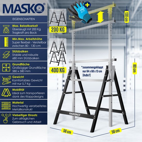 MASKO® Telescopische schraag - Belastbaar tot 200 kg - Verstelbaar 80-130 cm - 8-delig - Zilver/zwart