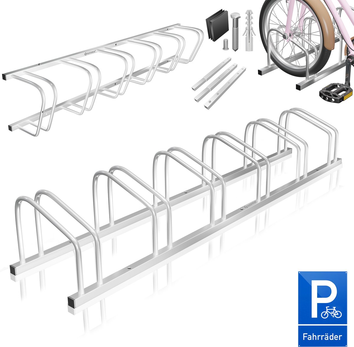 KESSER® Fietsenstandaard met parkeerbord - 37 cm wielafstand - Vloer- of wandmontage - 6 fietsen - Zilver