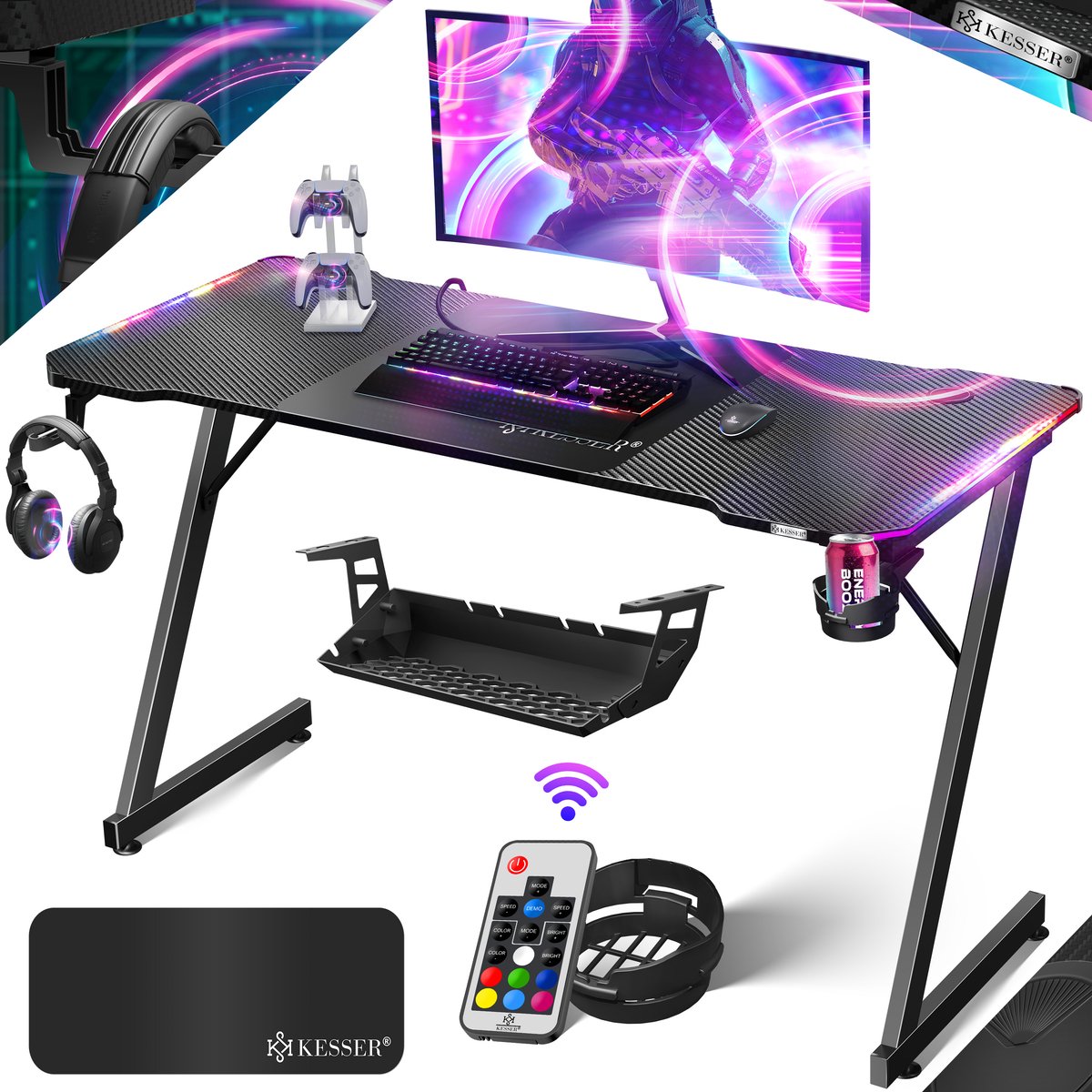 KESSER® Gamingtafel met LED - Z-vorm bureau met koptelefoonhaak en bekerhouder - zwart 140 x 60 cm